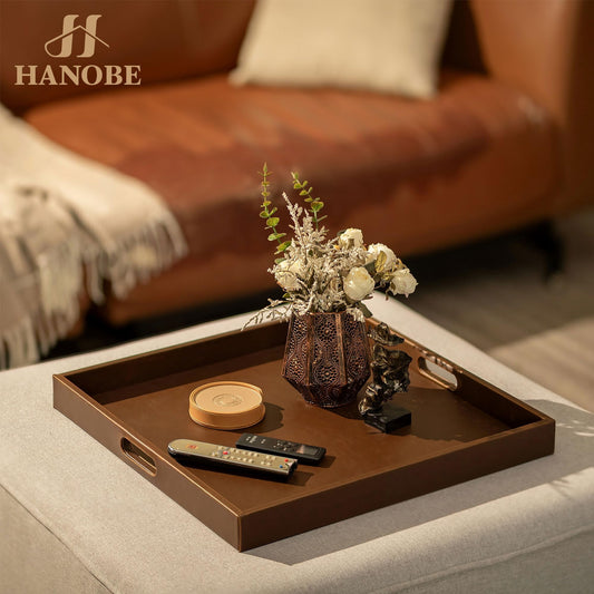 Hanobe Ottoman Large Decorative Serving Tray: 20'' Decorative Round Trays with Handles - Leather Coffee Table Decor for Extra Big Counter Home Living Room - Oversized