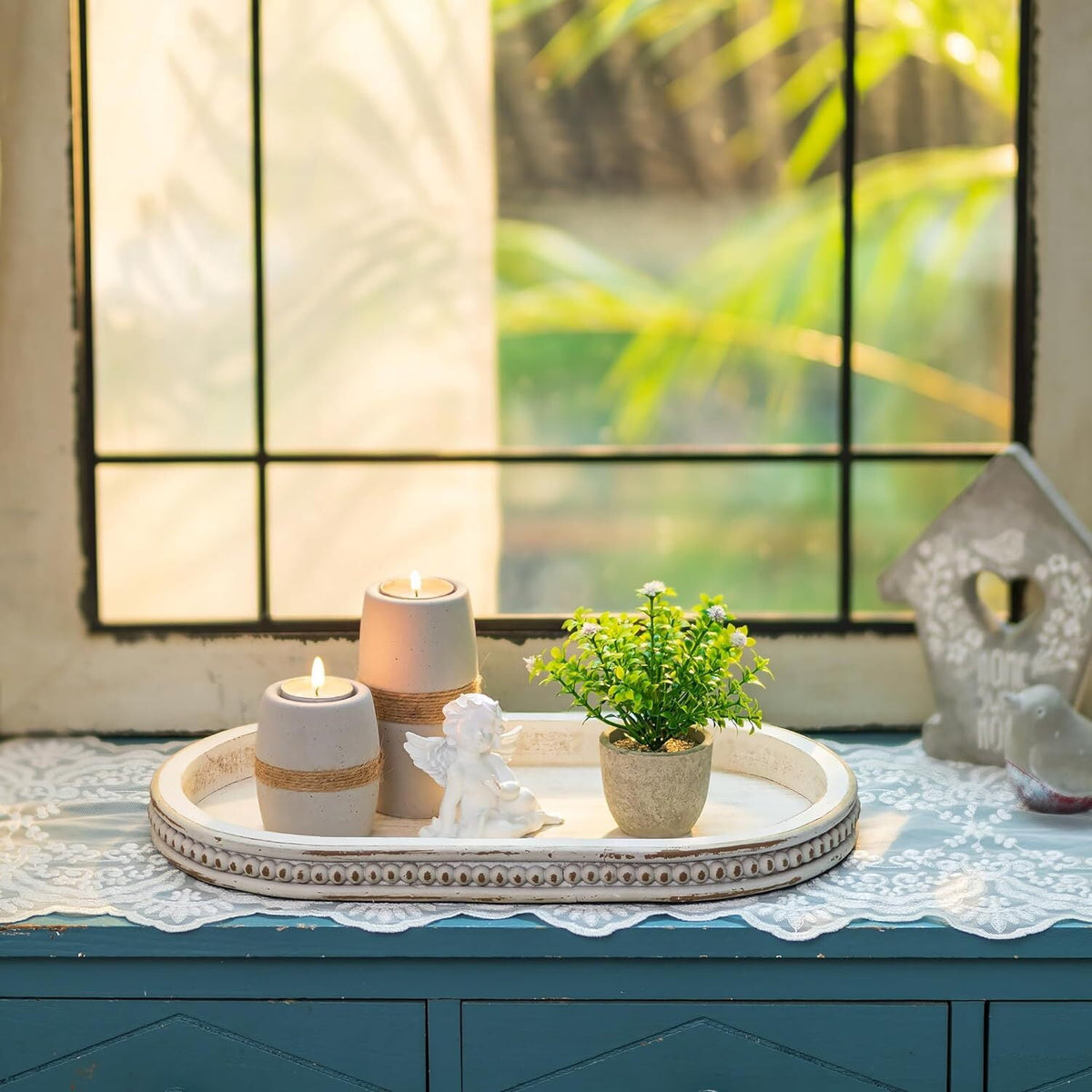 Hanobe Decorative Tray， Wooden Candle Holder Tray for Coffee Table Decor Farmhouse Centerpiece Kichen Counter ，White Washed 15"