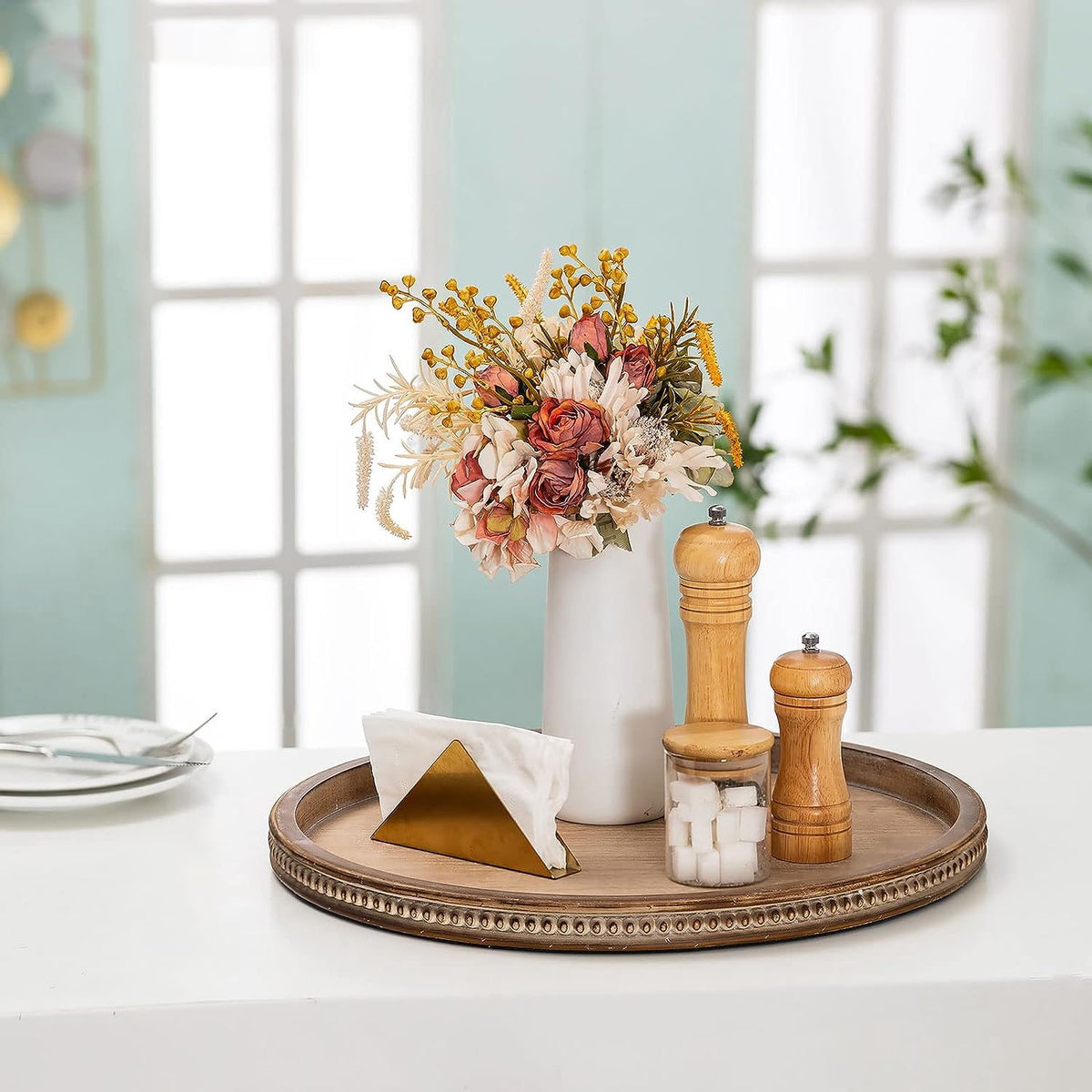 Hanobe Serving Tray for Kitchen Coffee Table Bathroom Home Decor Round Wood Farmhouse Decorative Bead Tray Decor,17.7"