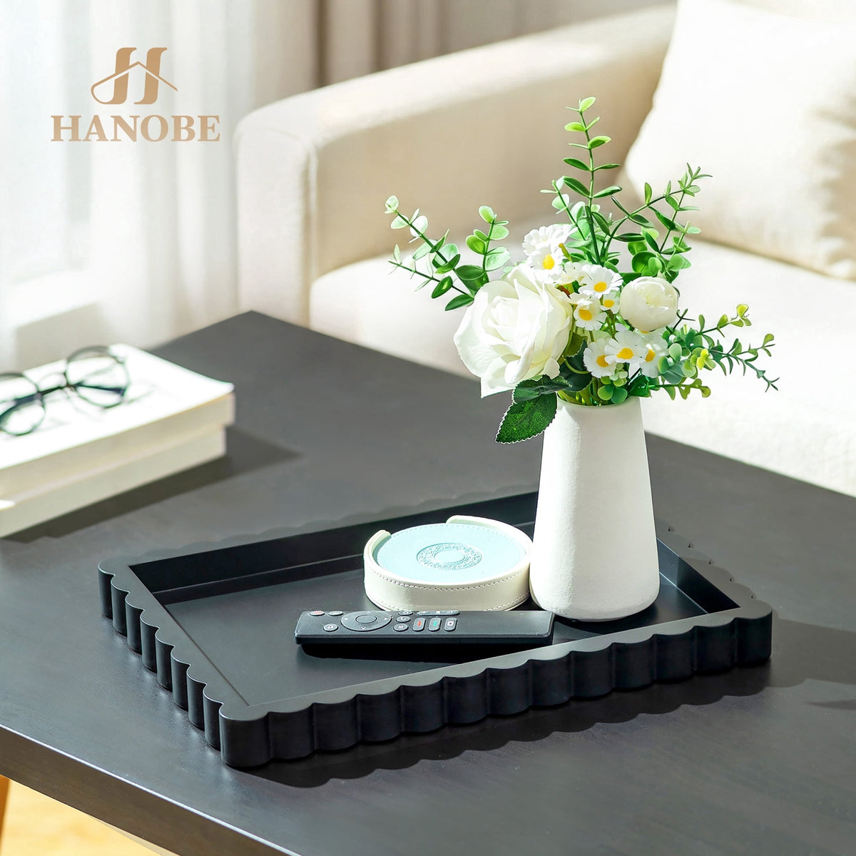 Hanobe Vanity Perfume Tray for Countertop, Wooden Jewelry Organizer Tray Coffee Table Decor