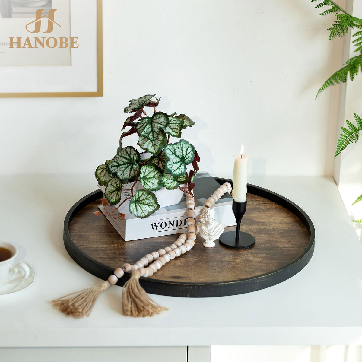Hanobe Decorative Coffee Table Tray Decor: Brown Wooden Trays Farmhouse Centerpiece Candle Holder for Home Decor Ottoman Counter Display Living Room Organizer 18"