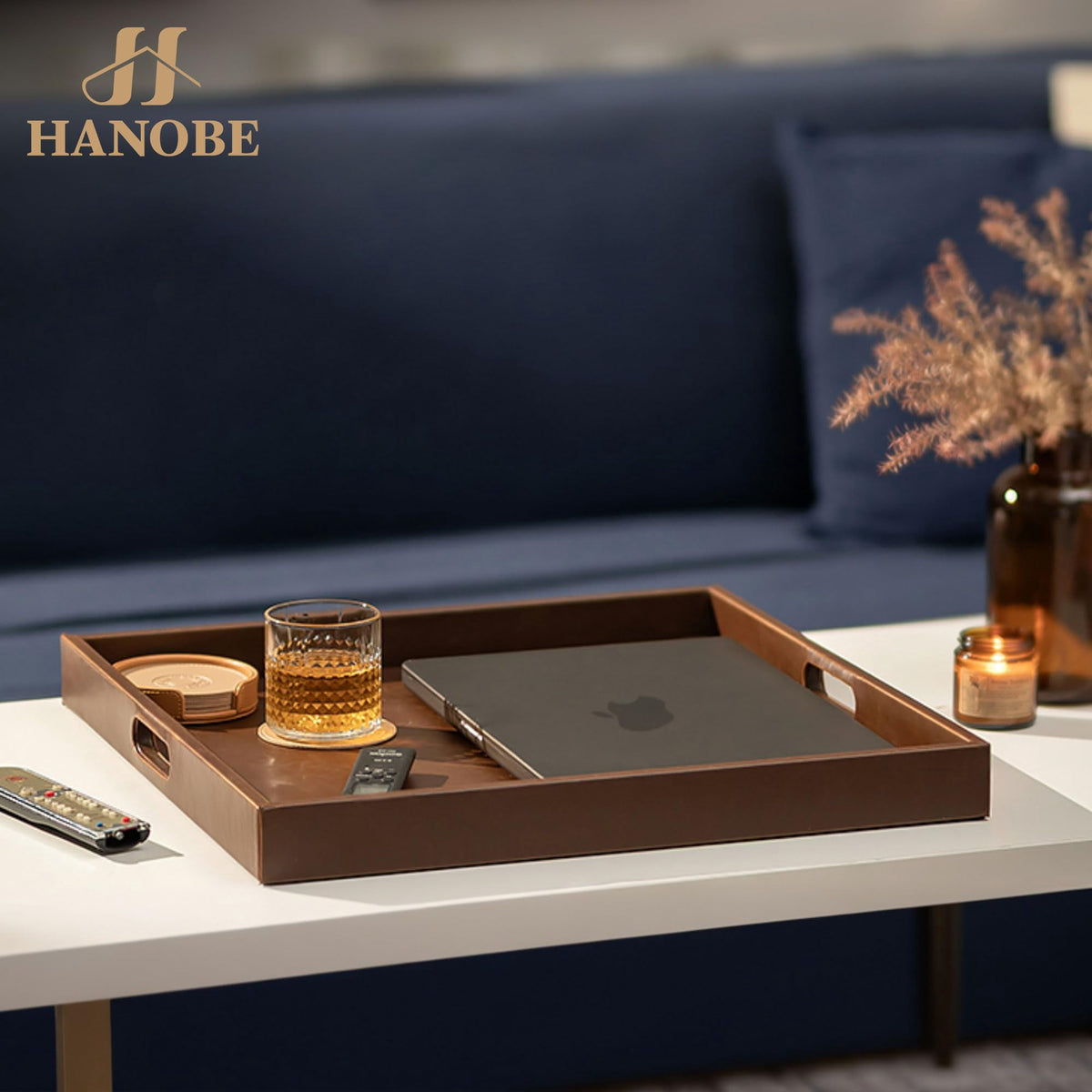 Hanobe Ottoman Large Decorative Serving Tray: 20'' Decorative Round Trays with Handles - Leather Coffee Table Decor for Extra Big Counter Home Living Room - Oversized