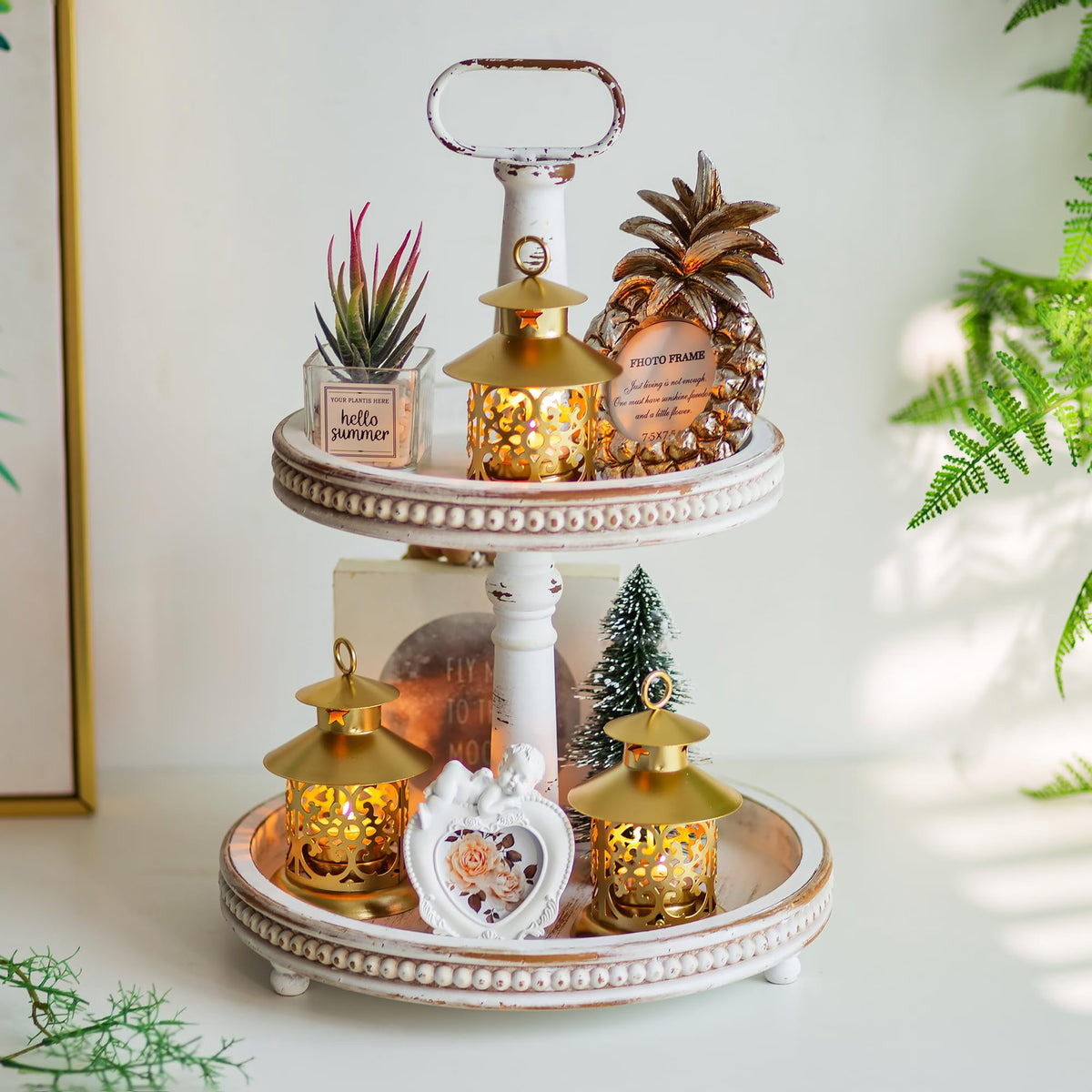 Hanobe Farmhouse Wooden Two Tiered Tray Stand:  2 Tier Trays Decor Wood for  Kitchen Island Decor Home Decor Living Room Coffee Table Centerpieces（White）