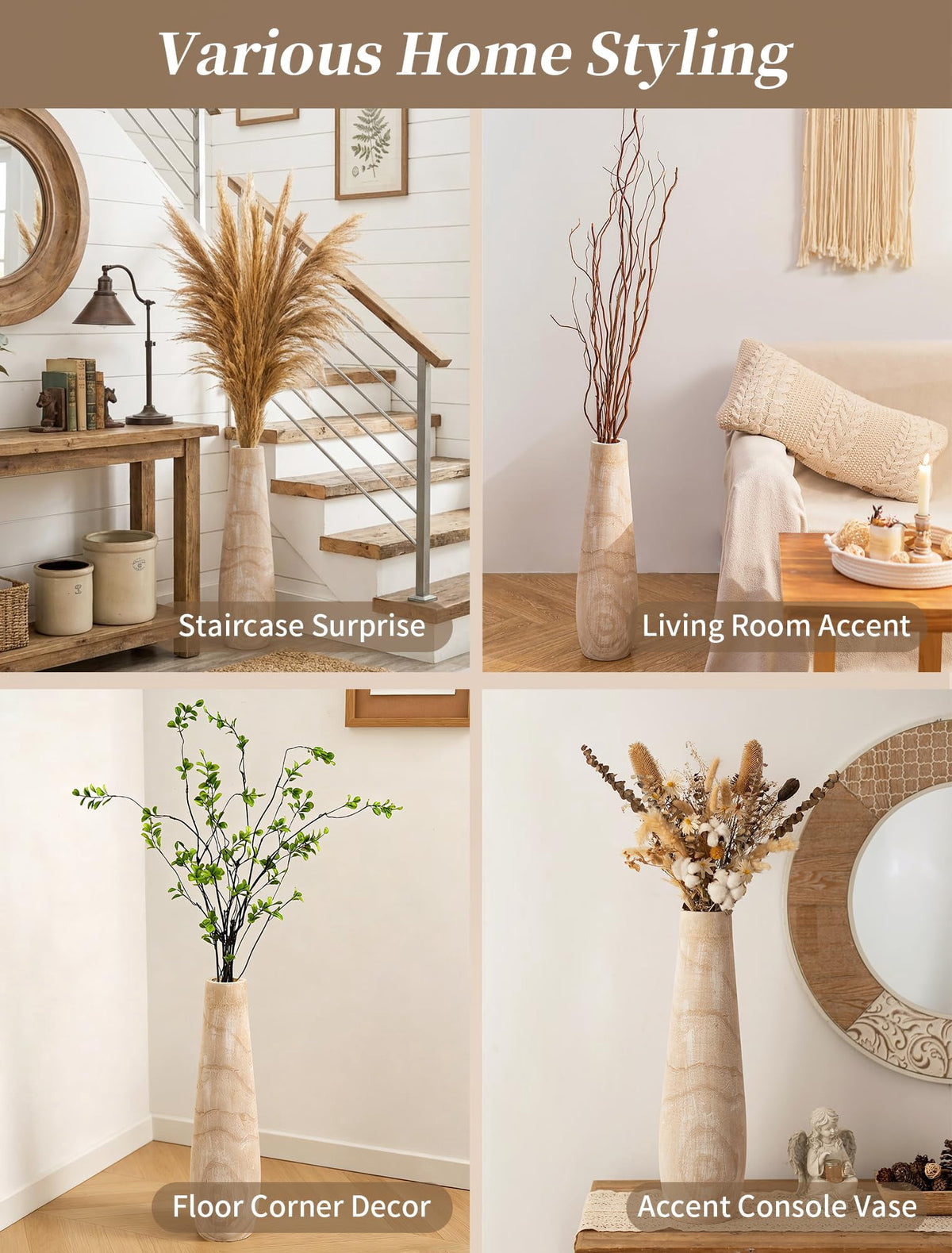 Hanobe Wooden Tall Floor Vase: 22 Inch Decorative Vases for Pampas Grass Large Vase for Boho Rustic Farmhouse Living Room Bedroom Hallway