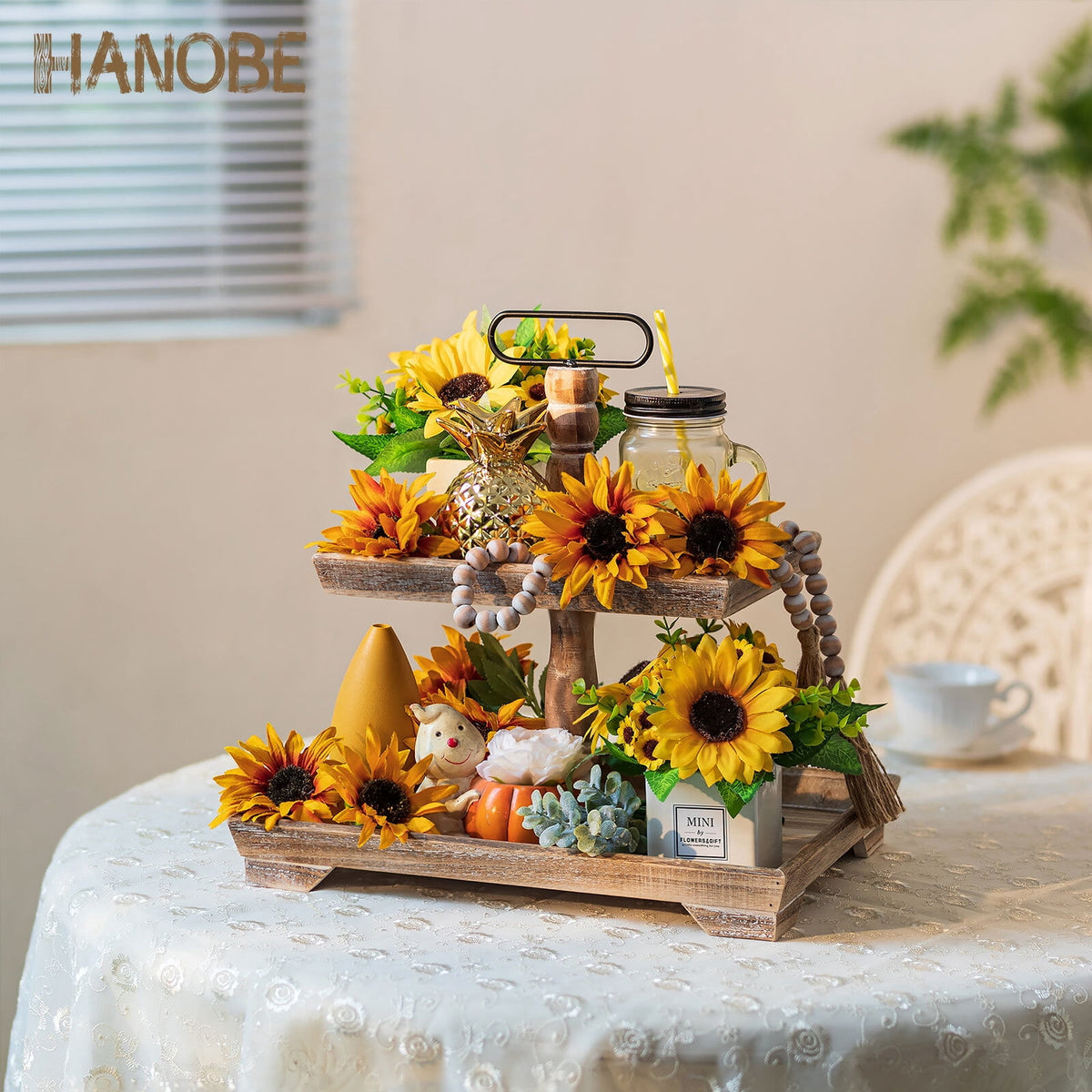 Hanobe Farmhouse Tiered Tray Stand Decor:  Decorative 2 Tier Serving Tray Stand for Rustic Table Centerpiece, Kitchen Island Decor, Coffee Bar, or Cupcake Stand  (Brown)