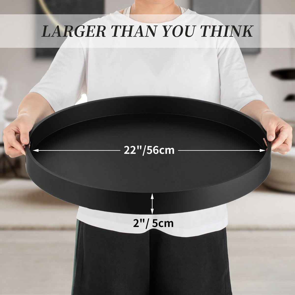Hanobe 22" Serving Ottoman Tray Topper, Round Large Black Decorative Tray for Home Living Room Coffee Table Decor with Handles