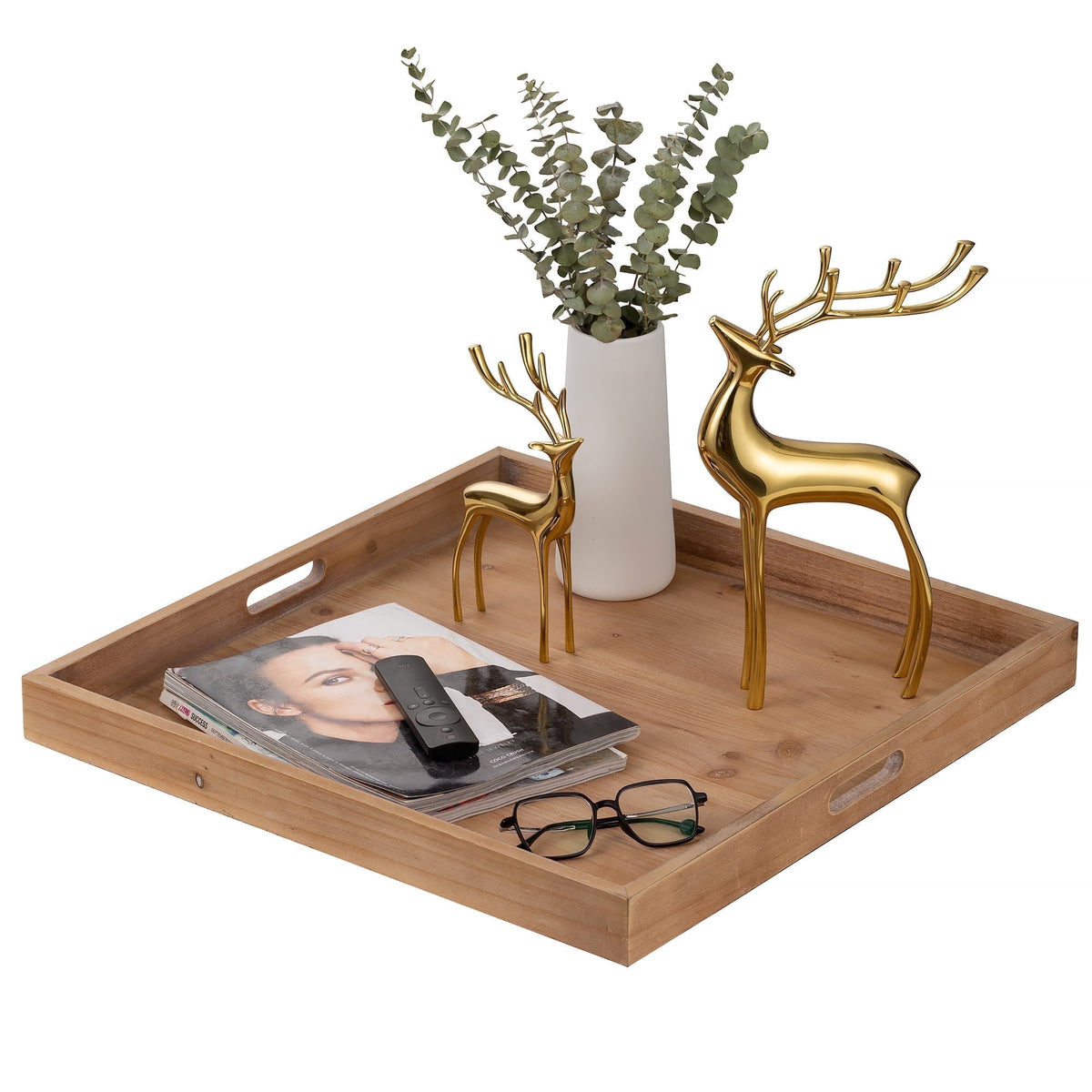 Hanobe Square Extra Large Ottoman Tray: Decorative Wooden Serving Trays with Handles for Ottoman Coffee Table Topper  Living Room