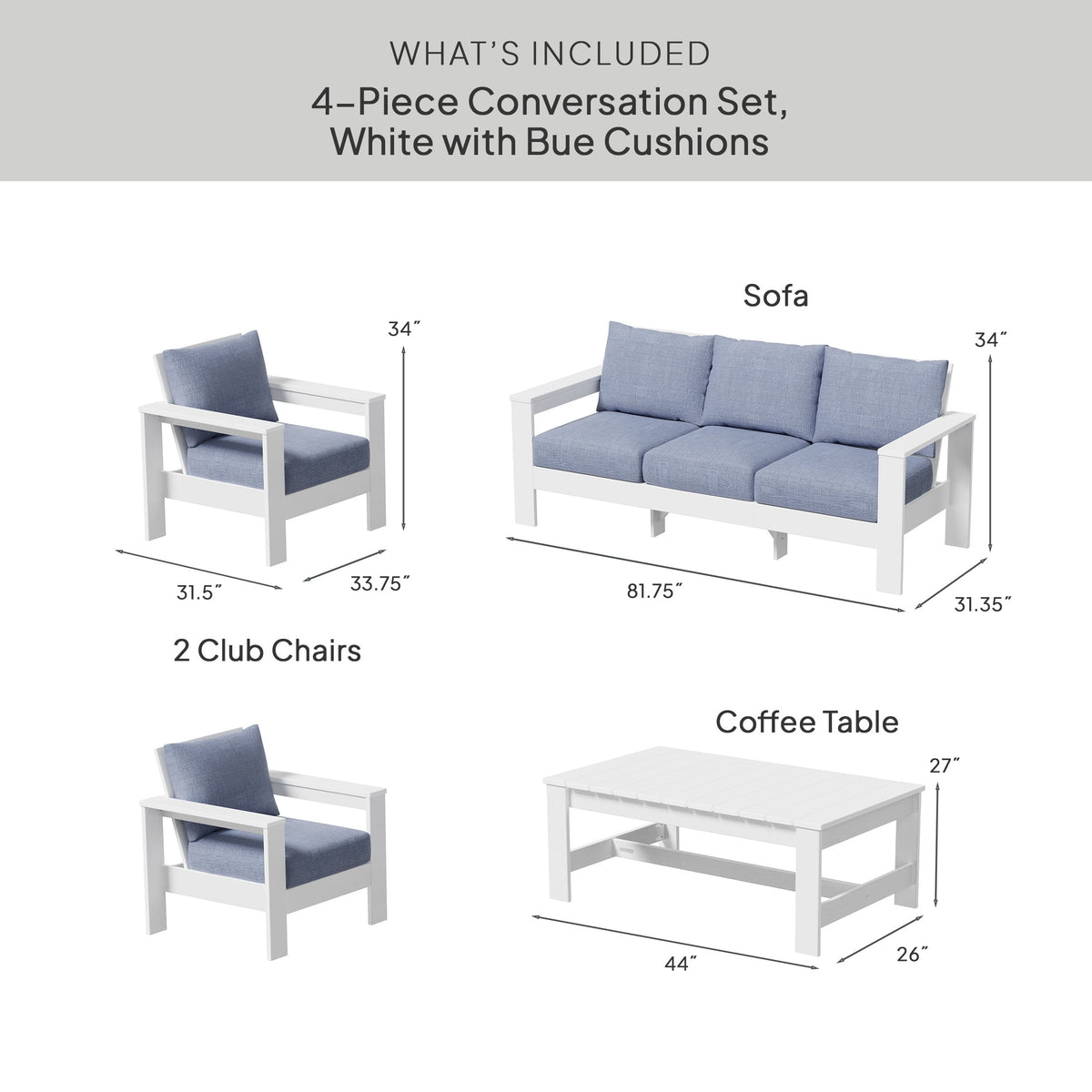 Better Homes & Gardens Ezra 4-Piece Outdoor HDPE Conversation Set, White with Blue Cushions