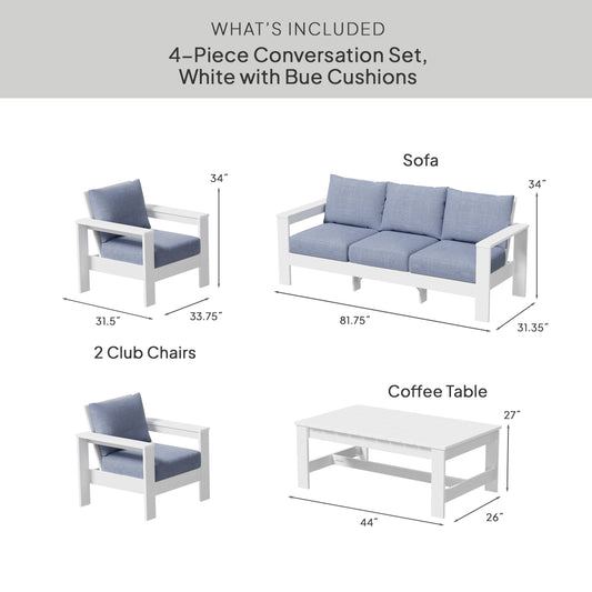 Better Homes & Gardens Ezra 4-Piece Outdoor HDPE Conversation Set, White with Blue Cushions