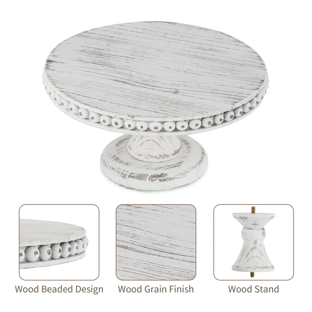 Hanobe Rustic Cake Stand 11.8 Inch Wood Dessert Display Riser Vintage Beads Cake Stand for Wedding Reception Decoration