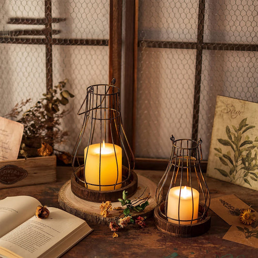 Hanobe Farmhouse Rustic Candle  Lantern Decor - Wire Metal Lantern Decorative Indoor Outdoor for Fireplace Mantle Coffee Table Decor Set of 2