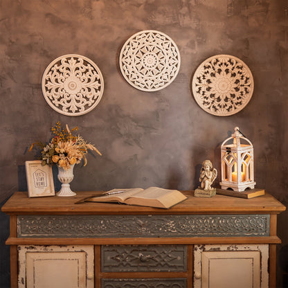 Hanobe White Wall Decor Carved Medallion - Rustic Wood Wall Art Decorative Distressed Hanging Decorations Farmhouse Home Decoration for Living Room Bedroom Kitchen Bathroom Set of 3