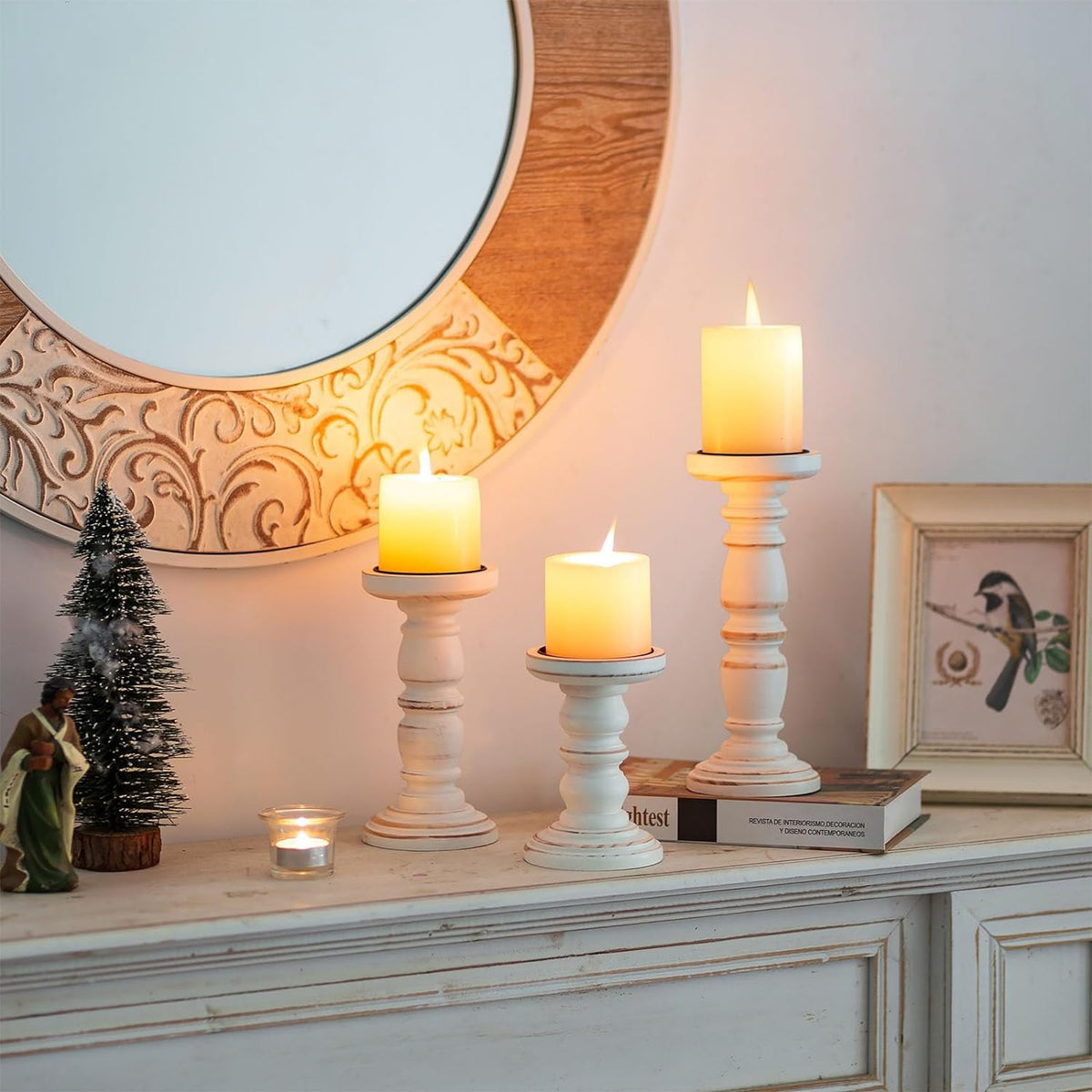 Hanobe Wood Rustic Candle Holders for PIllar Candles， Farmhouse White Candle Holders Set of 3 Candlestick Holder