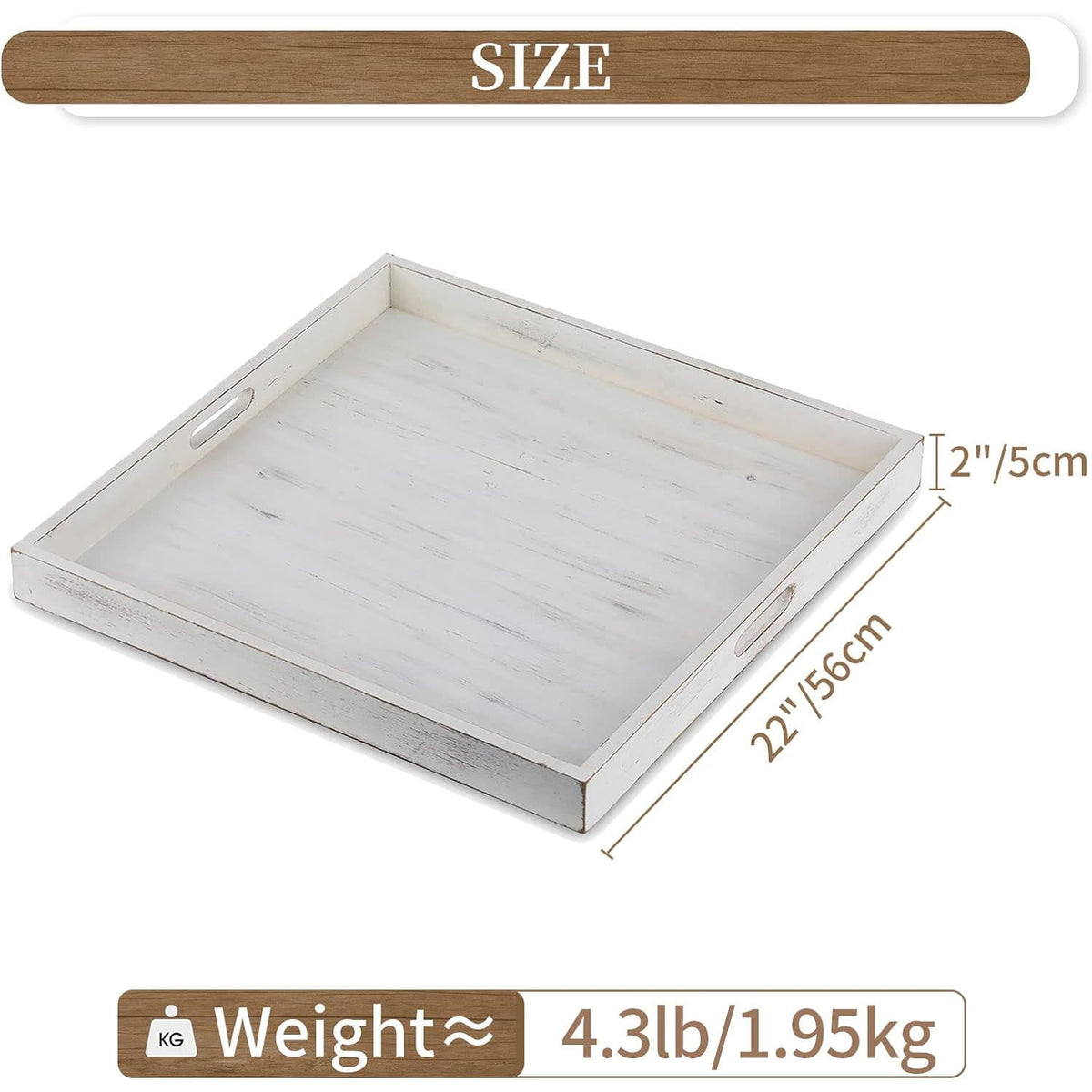 Hanobe Square Extra Large Ottoman Tray: 22" Decorative Wooden Serving Trays for Couch Ottoman Coffee Topper with Handles for Living Room（Whitewashed）