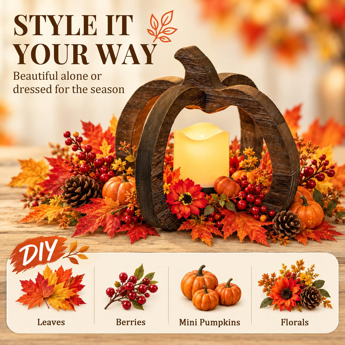 Hanobe Wood Pumpkin Lantern，Fall Candles and Lanterns for Fall Table Centerpiece With LED Candle, 1 pc 10.6 Inch