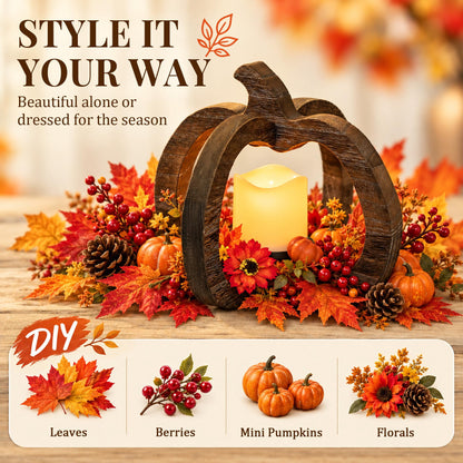 Hanobe Wood Pumpkin Lantern，Fall Candles and Lanterns for Fall Table Centerpiece With LED Candle, 1 pc 10.6 Inch