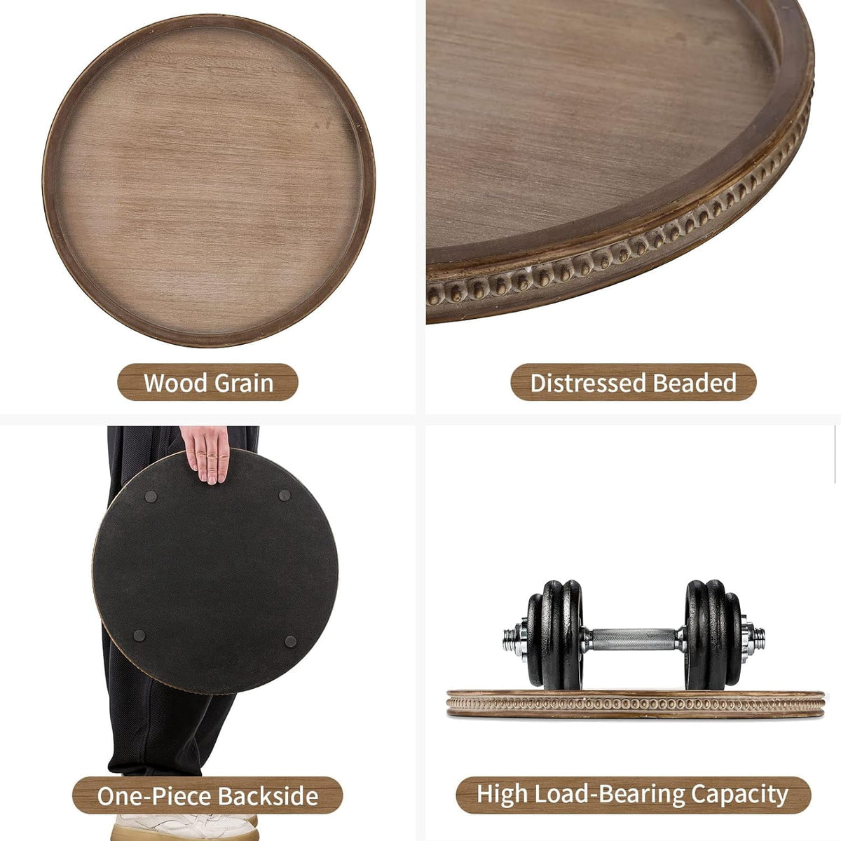 Hanobe Serving Tray for Kitchen Coffee Table Bathroom Home Decor Round Wood Farmhouse Decorative Bead Tray Decor,17.7"