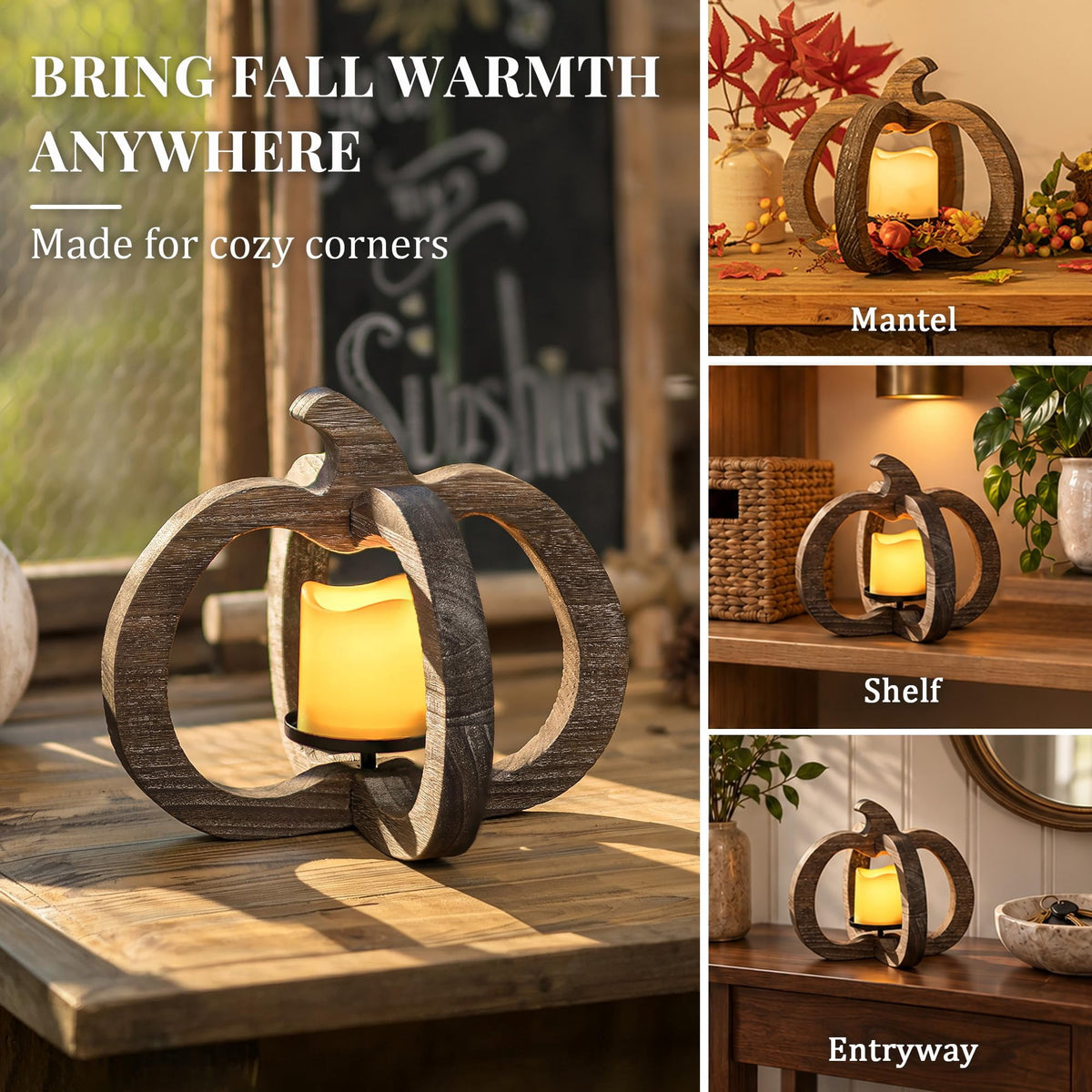 Hanobe Wood Pumpkin Lantern，Fall Candles and Lanterns for Fall Table Centerpiece With LED Candle, 1 pc 10.6 Inch