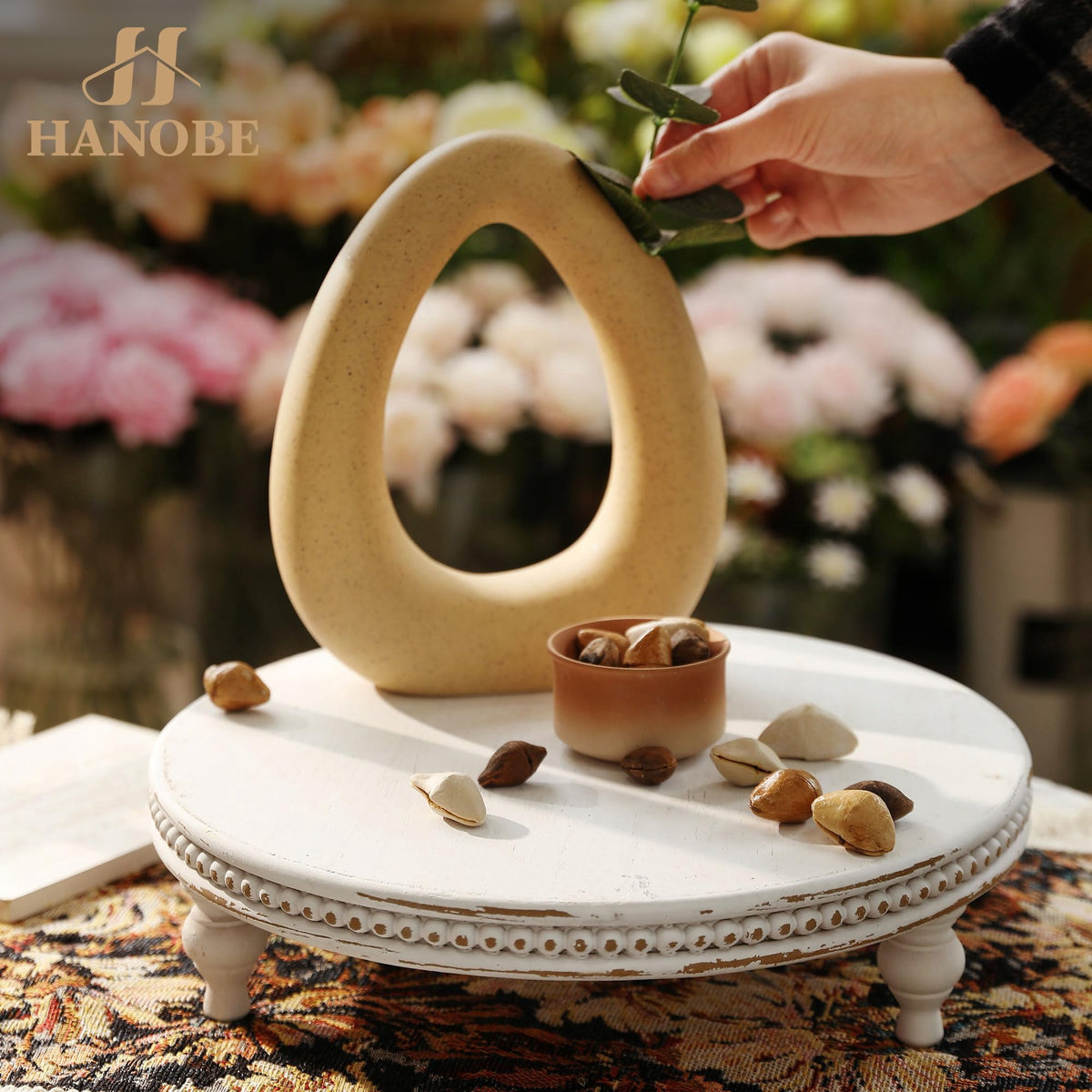 Hanobe Farmhouse Wooden Round Decorative Tray， Pedestal Wood Riser for Display Coffee Table Decor Wedding 11.8" Table Centerpiece Candle Holder Tray, Whitewashed