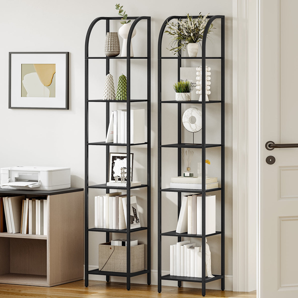 Hzuaneri Bookshelf Narrow Bookcase, Tall Storage Rack with Steel Frame, Display Standing Shelf Unit, Skinny Book Shelf for Study Living Room Home Office, Industrial Style, 6-Tier Black