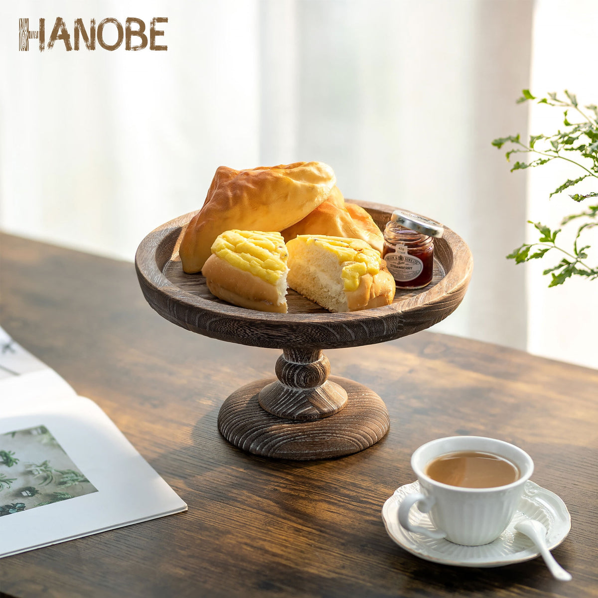 Hanobe 11"  Rustic wooden Cake Stand, Decorative Round Tray Pedestal stand Farmhouse Kitchen Decor for Counter Wedding Birthday Home Decor