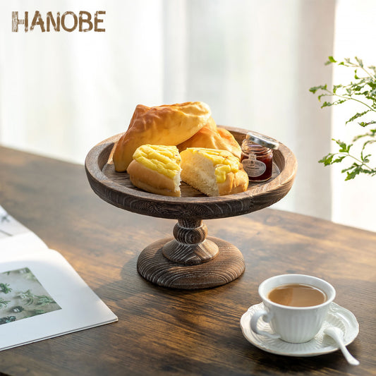 Hanobe 11"  Rustic wooden Cake Stand, Decorative Round Tray Pedestal stand Farmhouse Kitchen Decor for Counter Wedding Birthday Home Decor