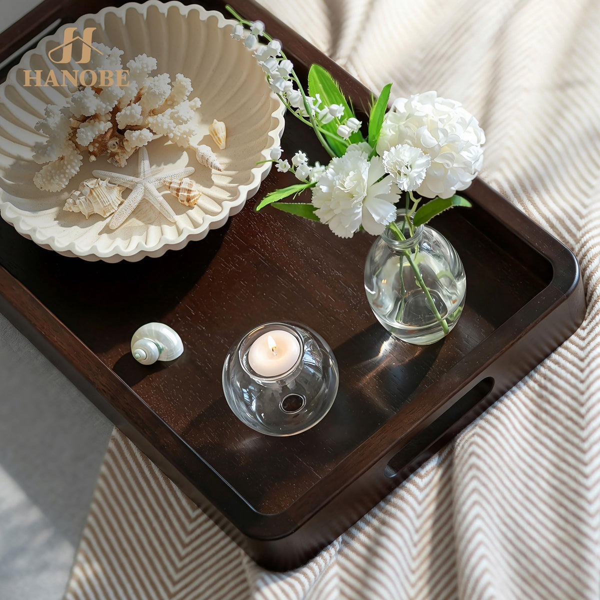 Hanobe 20" Large Wooden Ottoman Serving Trays for Coffee Table Decor | Wulnut Big Decorative Tray with Handles for Modern Farmhouse Living Room Decor
