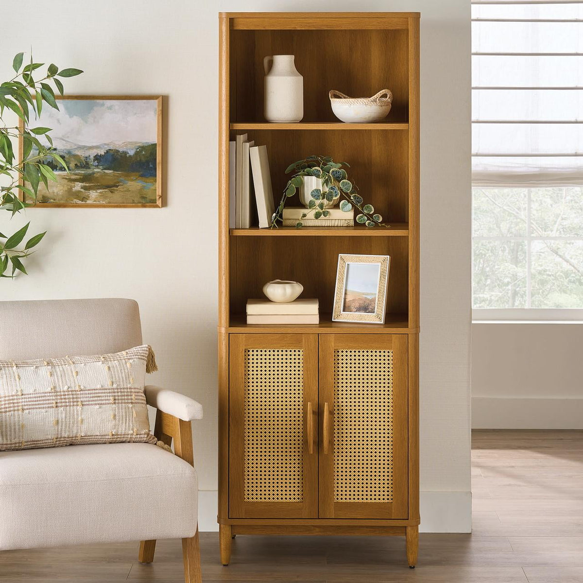 Better Homes & Gardens Springwood 5-Shelf Bookcase with Doors, Light Honey Finish