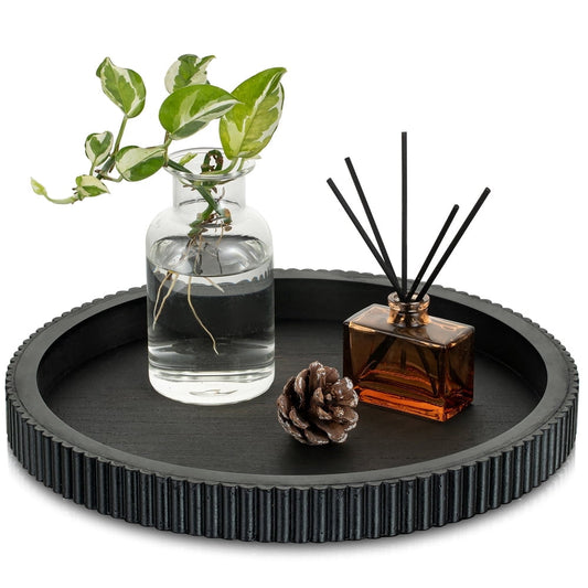 Hanobe Decorative Tray for Coffee Table Tray Decor: Black Round Wooden Trays for Home Decor - 12" Black