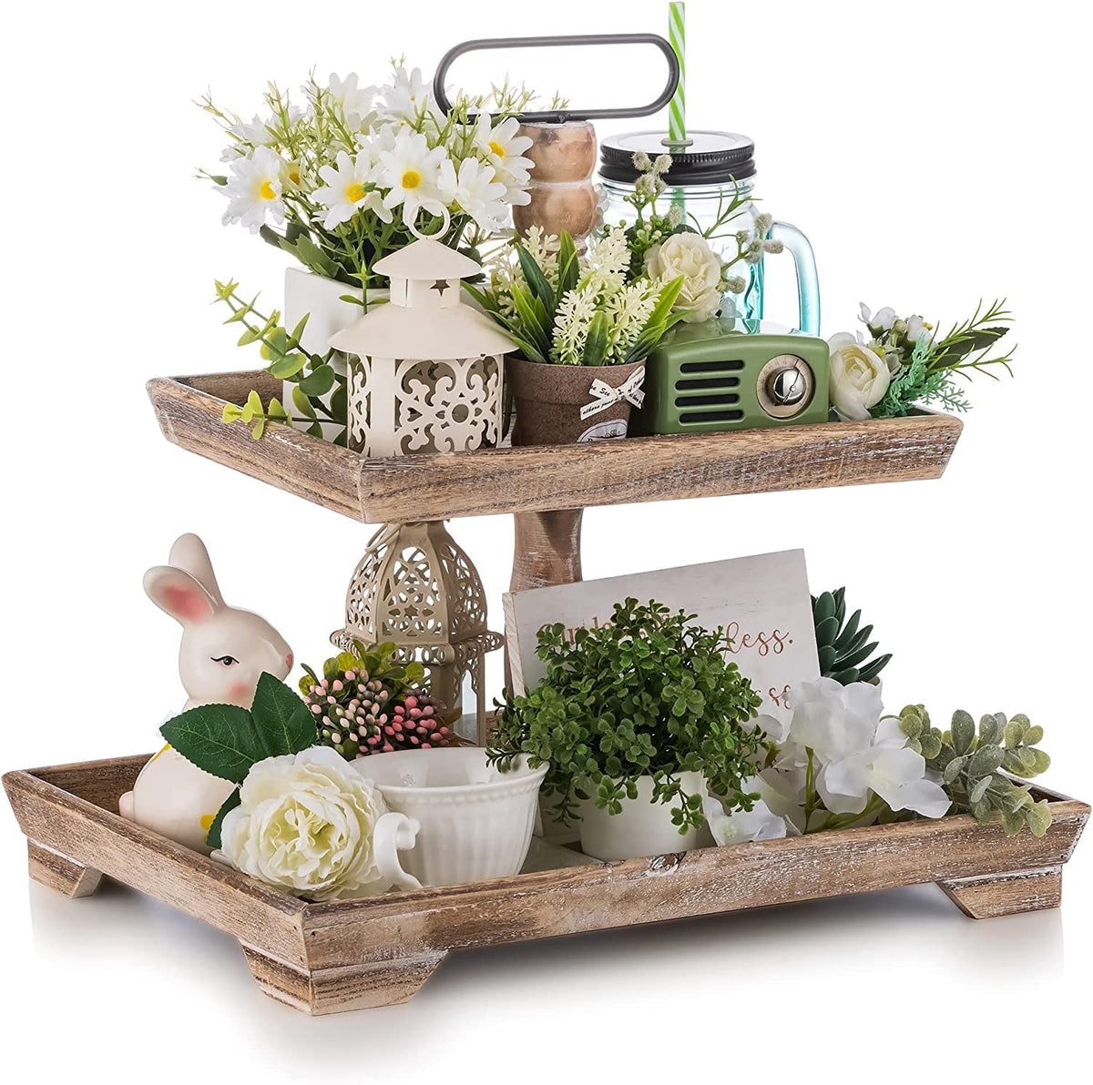 Hanobe Farmhouse Tiered Tray Stand Decor:  Decorative 2 Tier Serving Tray Stand for Rustic Table Centerpiece, Kitchen Island Decor, Coffee Bar, or Cupcake Stand  (Brown)