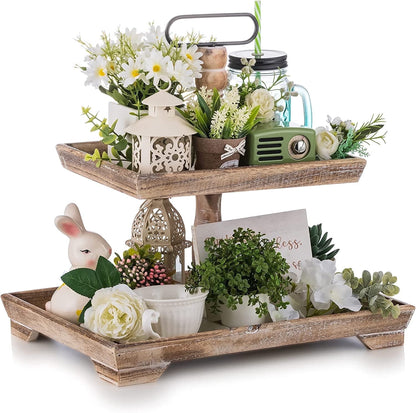 Hanobe Farmhouse Tiered Tray Stand Decor:  Decorative 2 Tier Serving Tray Stand for Rustic Table Centerpiece, Kitchen Island Decor, Coffee Bar, or Cupcake Stand  (Brown)