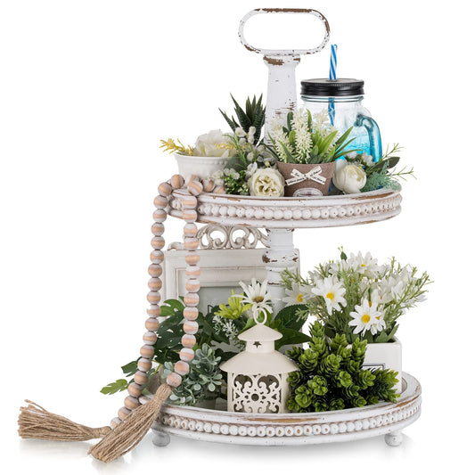 Hanobe Farmhouse Wooden Two Tiered Tray Stand:  2 Tier Trays Decor Wood for  Kitchen Island Decor Home Decor Living Room Coffee Table Centerpieces（White）