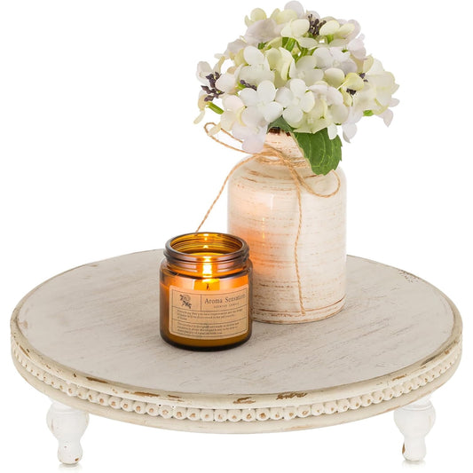 Hanobe Farmhouse Wooden Round Decorative Tray， Pedestal Wood Riser for Display Coffee Table Decor Wedding 11.8" Table Centerpiece Candle Holder Tray, Whitewashed