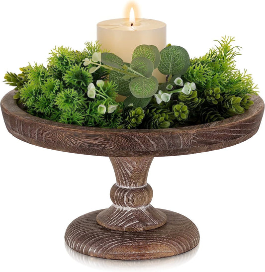 Hanobe 11"  Rustic wooden Cake Stand, Decorative Round Tray Pedestal stand Farmhouse Kitchen Decor for Counter Wedding Birthday Home Decor