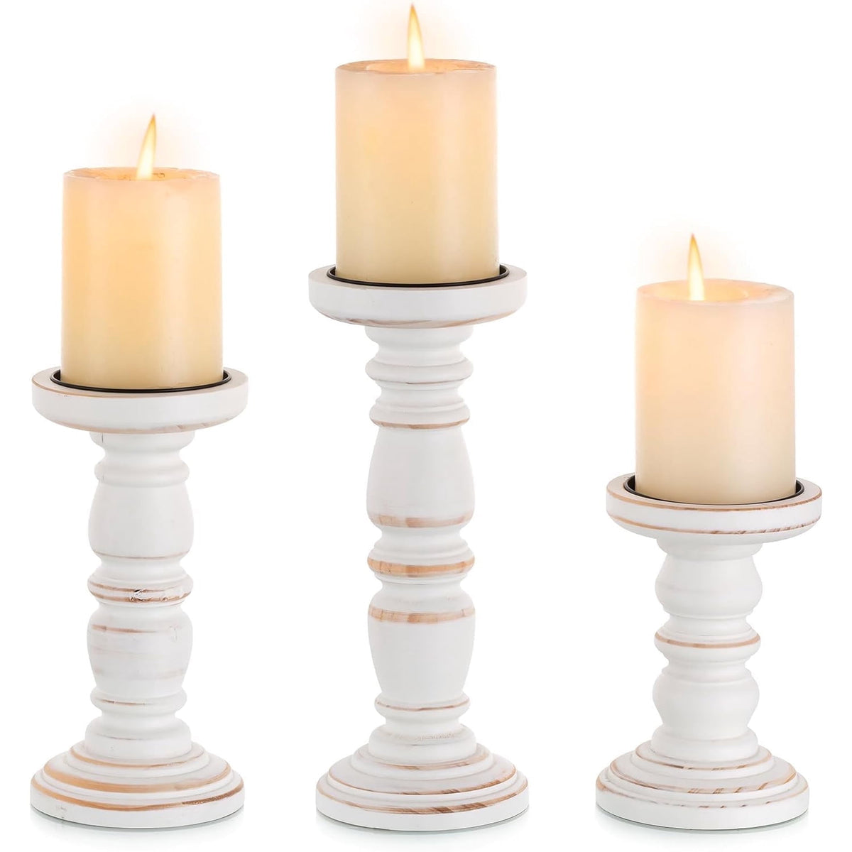 Hanobe Wood Rustic Candle Holders for PIllar Candles， Farmhouse White Candle Holders Set of 3 Candlestick Holder