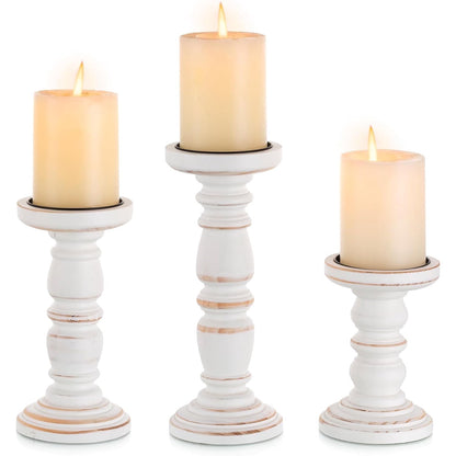 Hanobe Wood Rustic Candle Holders for PIllar Candles， Farmhouse White Candle Holders Set of 3 Candlestick Holder