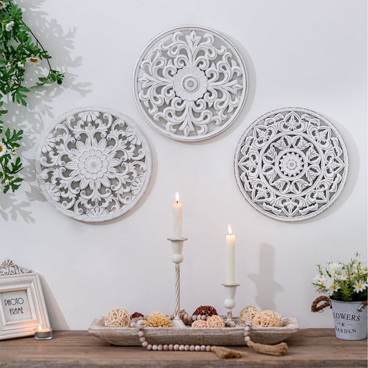 Hanobe White Wall Decor Carved Medallion - Rustic Wood Wall Art Decorative Distressed Hanging Decorations Farmhouse Home Decoration for Living Room Bedroom Kitchen Bathroom Set of 3