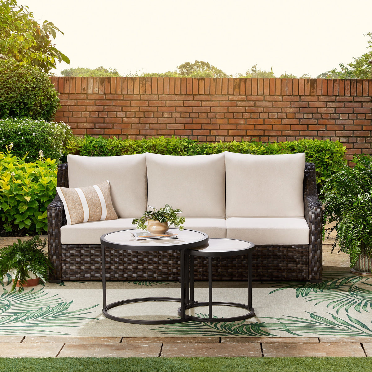 Better Homes & Gardens River Oaks Outdoor Sofa and 2 Nesting Tables with Patio Cover, Dark Brown