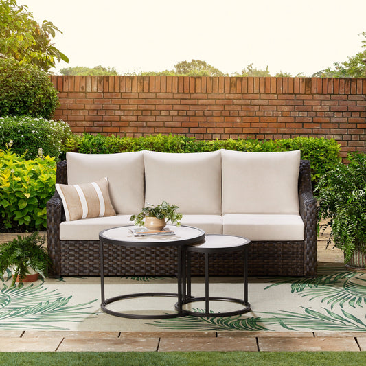 Better Homes & Gardens River Oaks Outdoor Sofa and 2 Nesting Tables with Patio Cover, Dark Brown