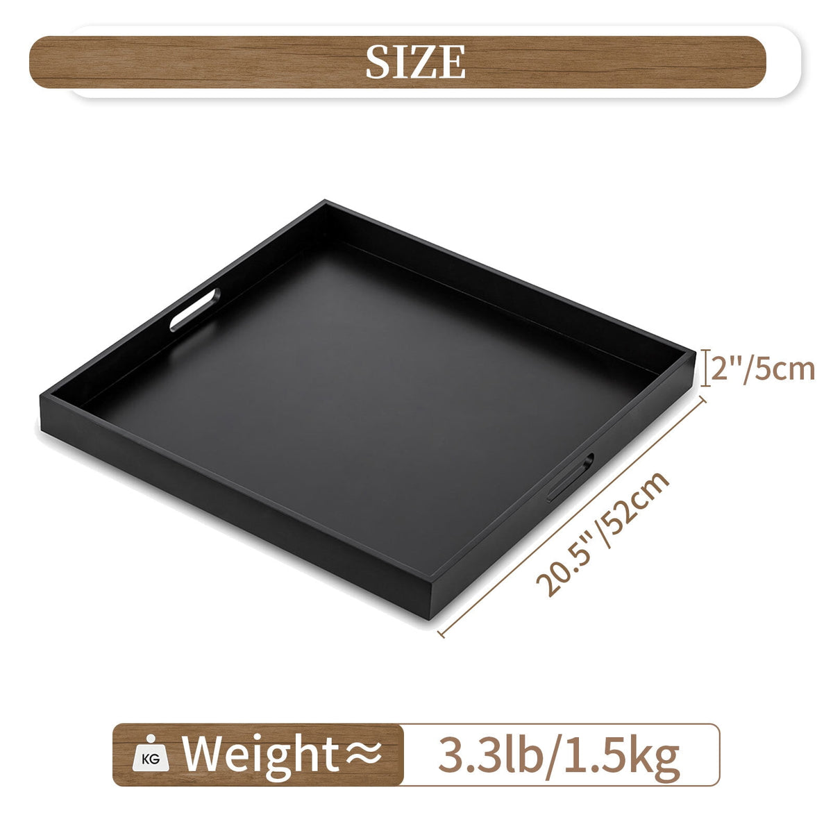 Hanobe Square Large Ottoman Tray Modern Extra Large Black Serving Decorative Trays with Cutout Handles for Living Room Coffee Table Home, 20"