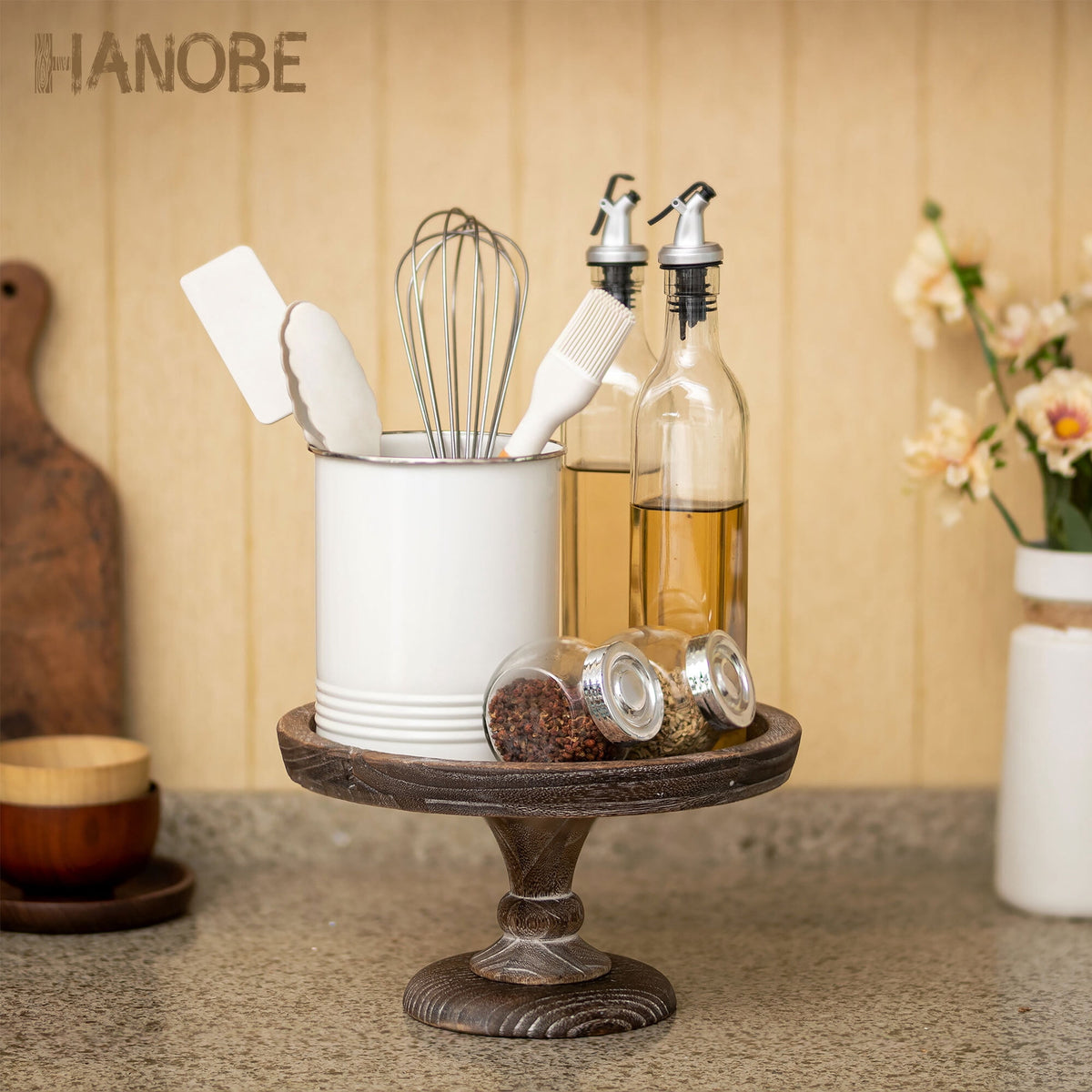 Hanobe 11"  Rustic wooden Cake Stand, Decorative Round Tray Pedestal stand Farmhouse Kitchen Decor for Counter Wedding Birthday Home Decor