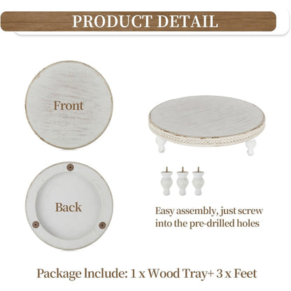Hanobe Farmhouse Wooden Round Decorative Tray， Pedestal Wood Riser for Display Coffee Table Decor Wedding 11.8" Table Centerpiece Candle Holder Tray, Whitewashed