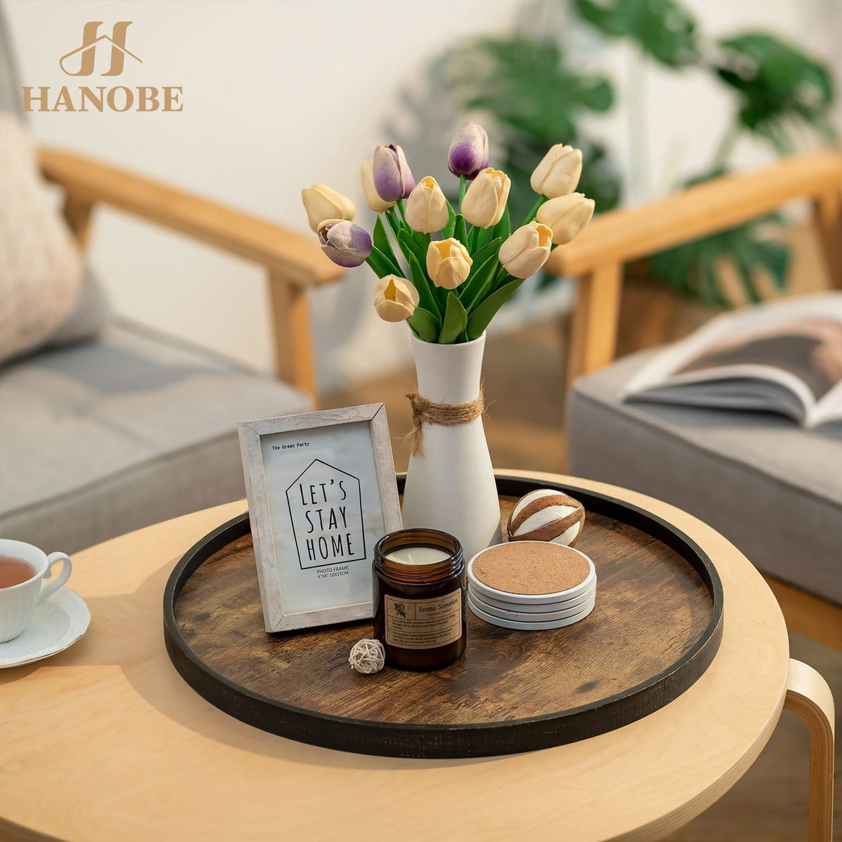 Hanobe Decorative Coffee Table Tray Decor: Brown Wooden Trays Farmhouse Centerpiece Candle Holder for Home Decor Ottoman Counter Display Living Room Organizer 18"