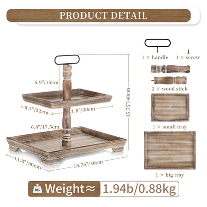 Hanobe Farmhouse Tiered Tray Stand Decor:  Decorative 2 Tier Serving Tray Stand for Rustic Table Centerpiece, Kitchen Island Decor, Coffee Bar, or Cupcake Stand  (Brown)