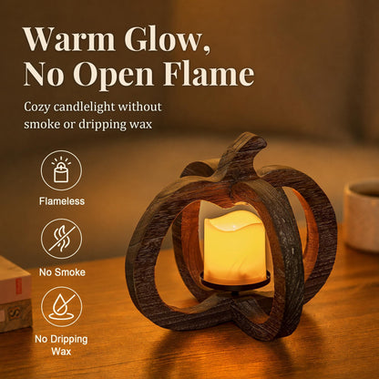 Hanobe Wood Pumpkin Lantern，Fall Candles and Lanterns for Fall Table Centerpiece With LED Candle, 1 pc 10.6 Inch