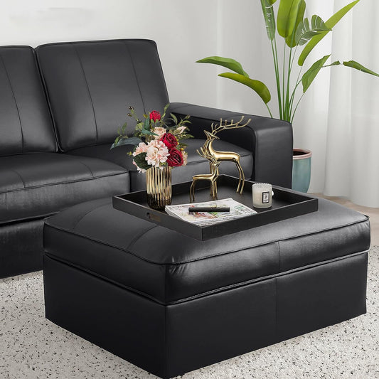 Hanobe Square Extra Large Ottoman Tray：Black Leather Decorative Tray with Handles for Ottoman Table Topper Coffee Table Living Room 22" x 22"