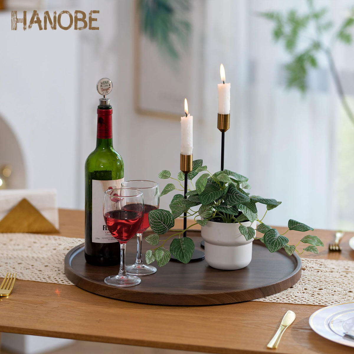 Hanobe Extra Large Round Ottoman Tray Wood, 17.7" Large Circle Decorative Serving Trays for Ottoman Coffee Table, Walnut
