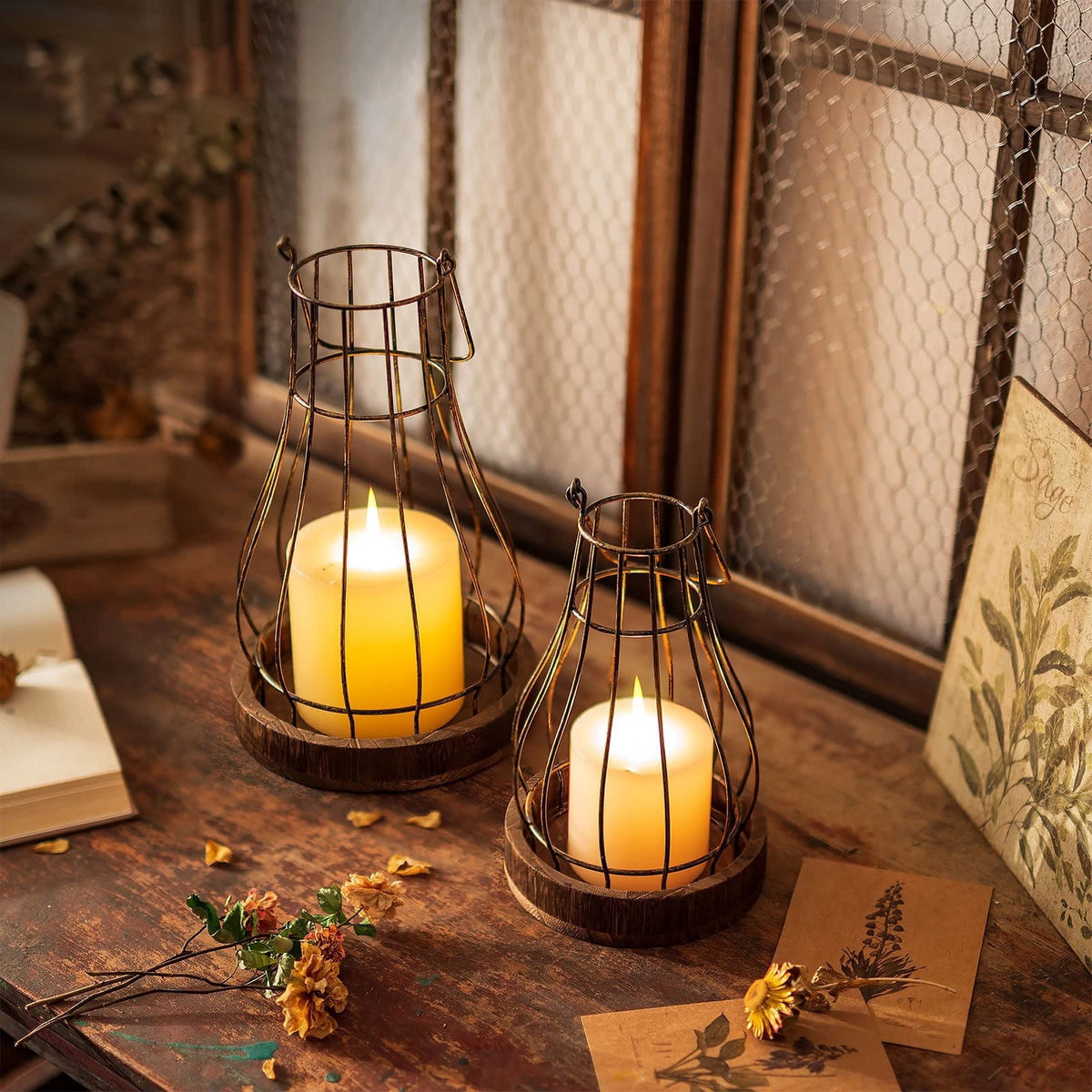 Hanobe Farmhouse Rustic Candle  Lantern Decor - Wire Metal Lantern Decorative Indoor Outdoor for Fireplace Mantle Coffee Table Decor Set of 2
