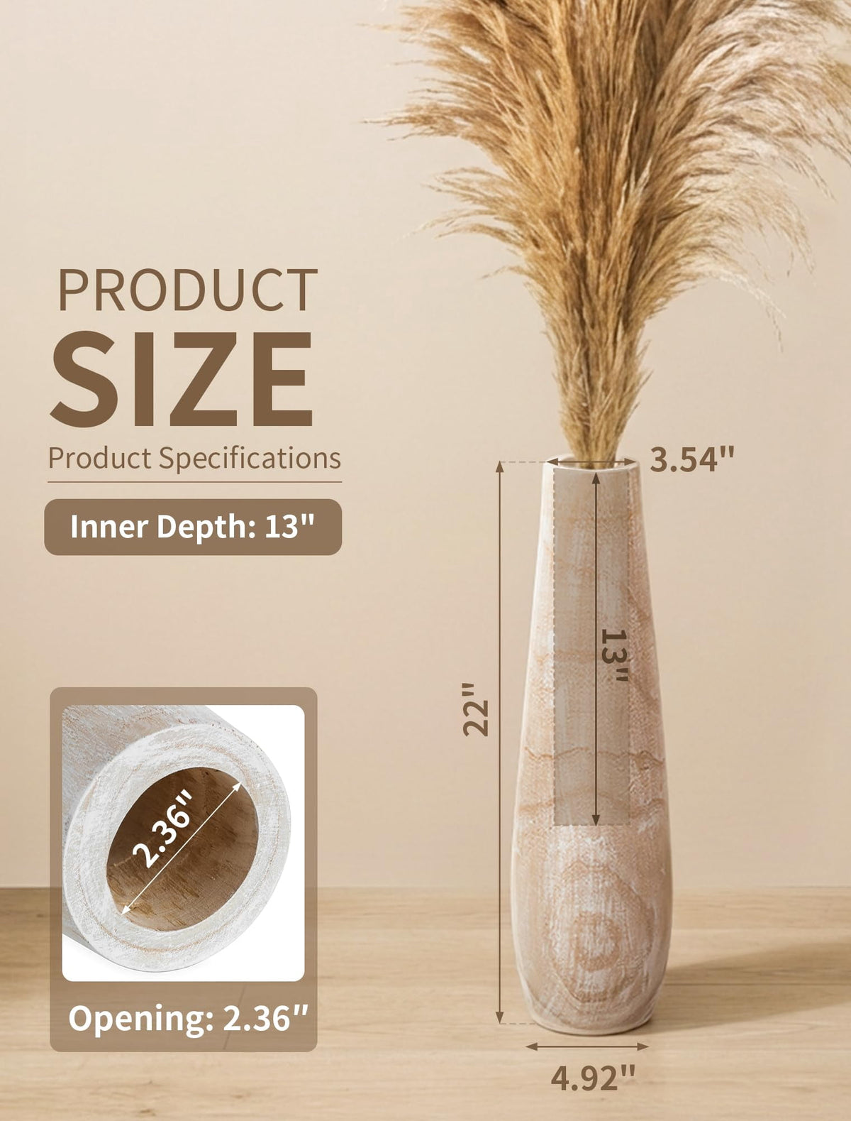 Hanobe Wooden Tall Floor Vase: 22 Inch Decorative Vases for Pampas Grass Large Vase for Boho Rustic Farmhouse Living Room Bedroom Hallway