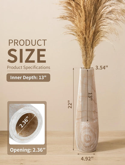 Hanobe Wooden Tall Floor Vase: 22 Inch Decorative Vases for Pampas Grass Large Vase for Boho Rustic Farmhouse Living Room Bedroom Hallway
